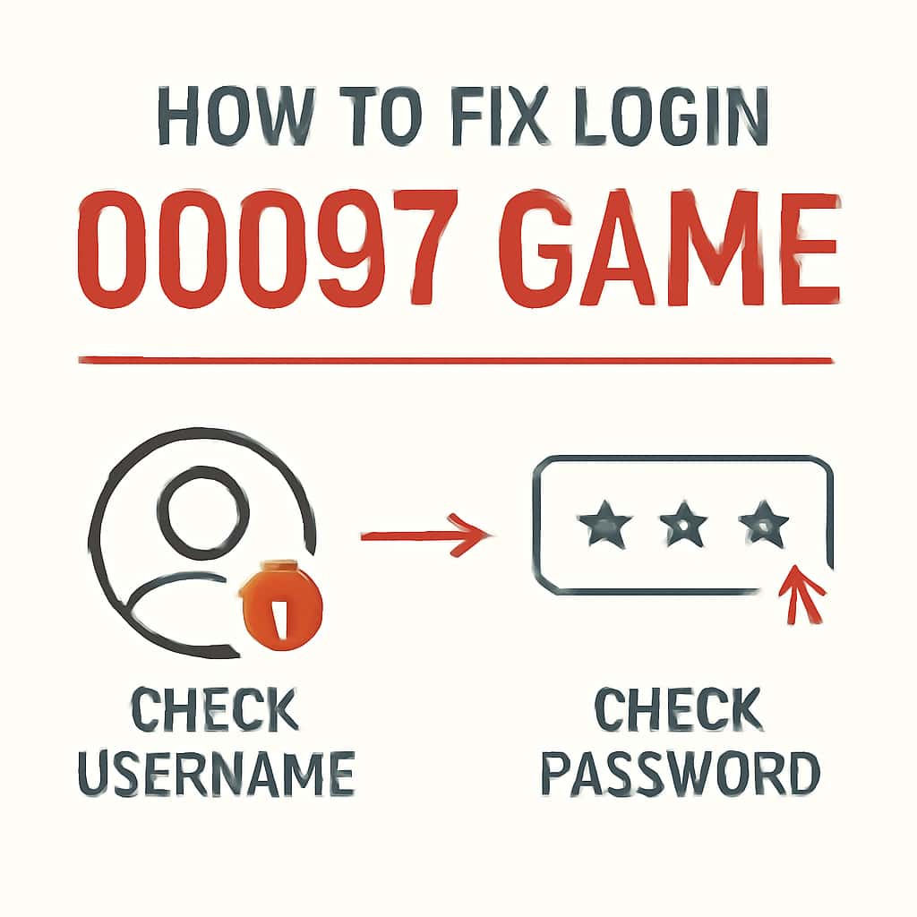 Diagram explaining troubleshooting steps for 00097 Game login.