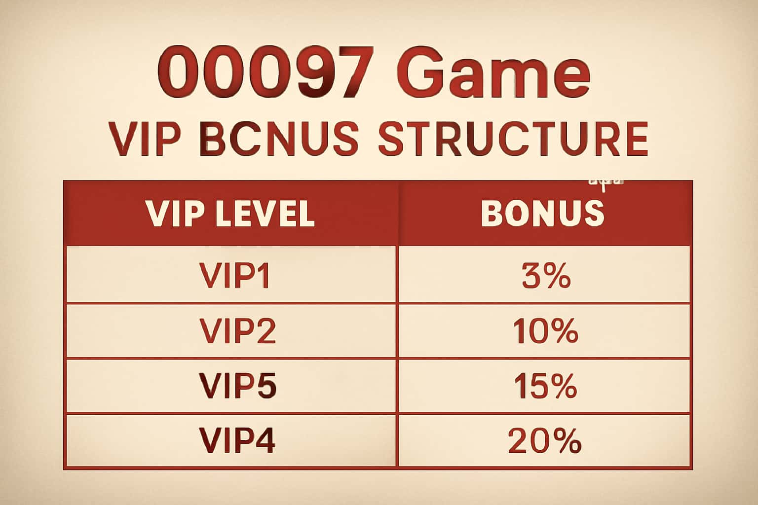 An informative scene showcasing the VIP Bonus Structure for the 00097 Game.